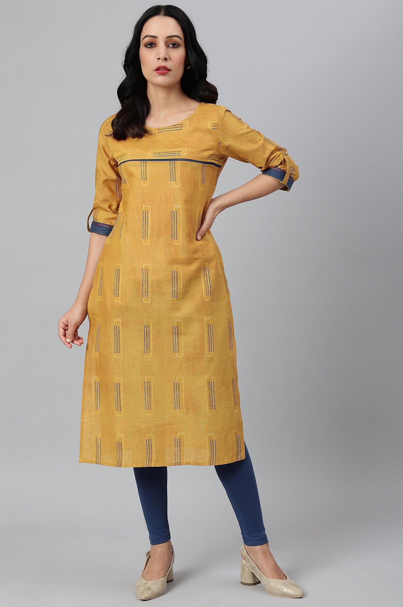 Mustard Kantha Printed Contemporary kurta - wforwoman