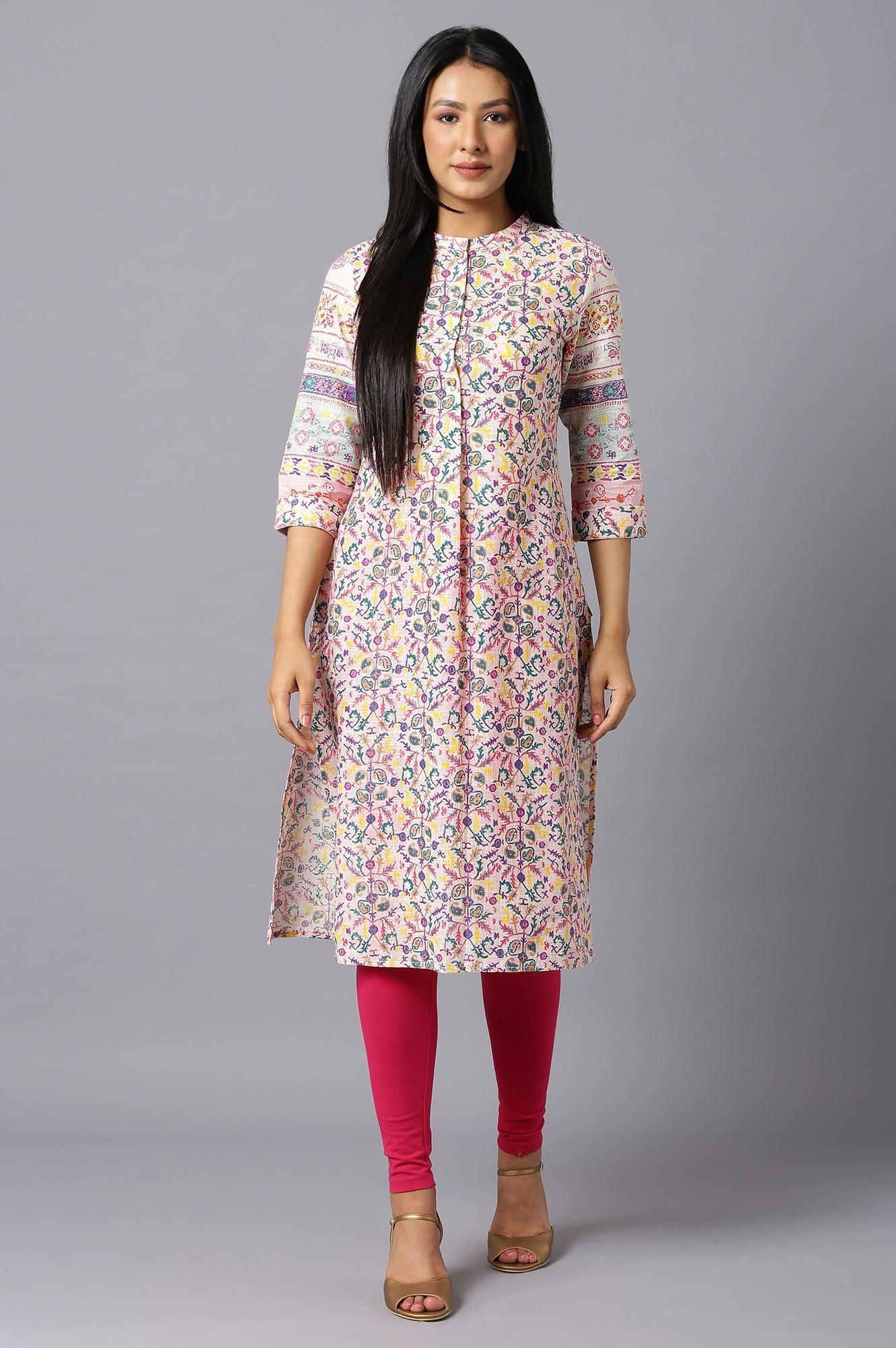 Ecru A-Line kurta With Multi-Coloured Floral Print - wforwoman