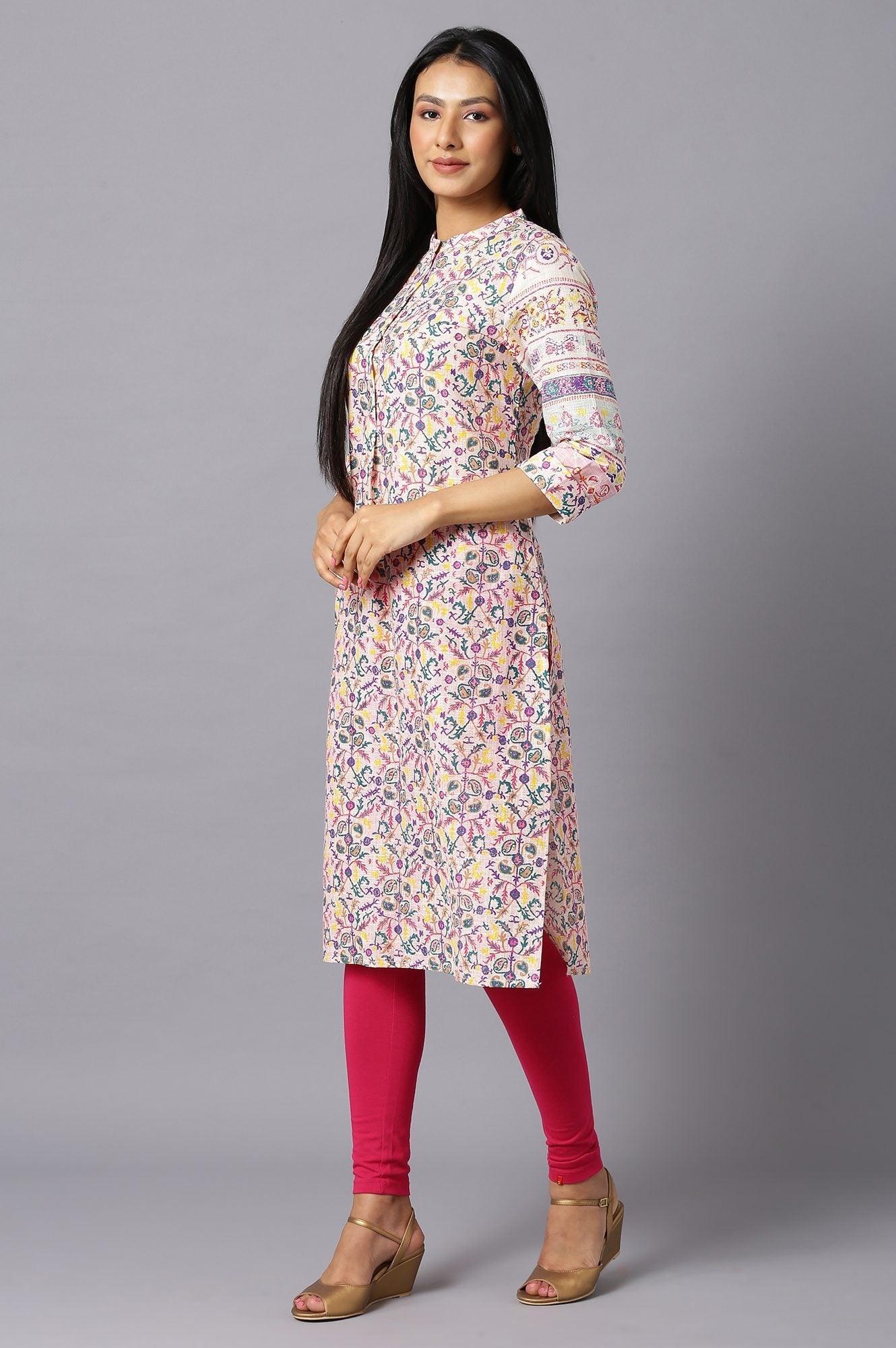 Ecru A-Line kurta With Multi-Coloured Floral Print - wforwoman