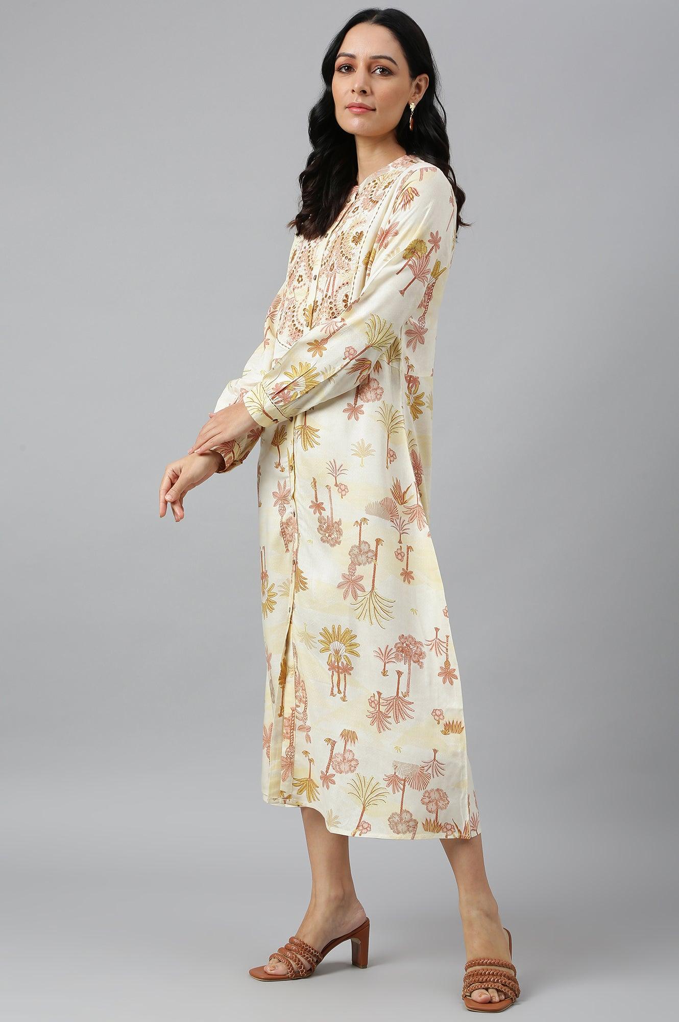 Ecru Embroidered A-Line Shirt Dress - wforwoman