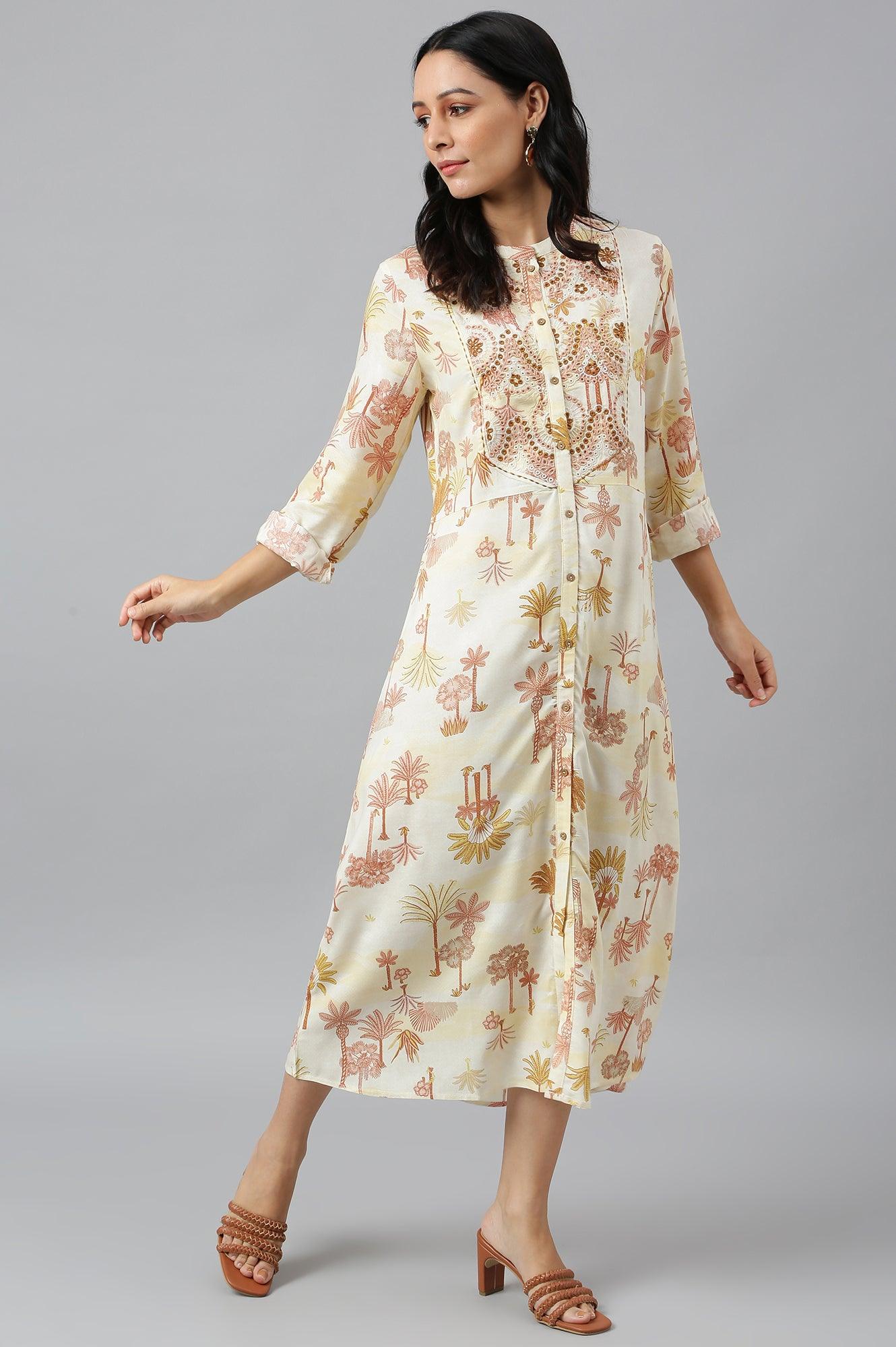 Ecru Embroidered A-Line Shirt Dress - wforwoman