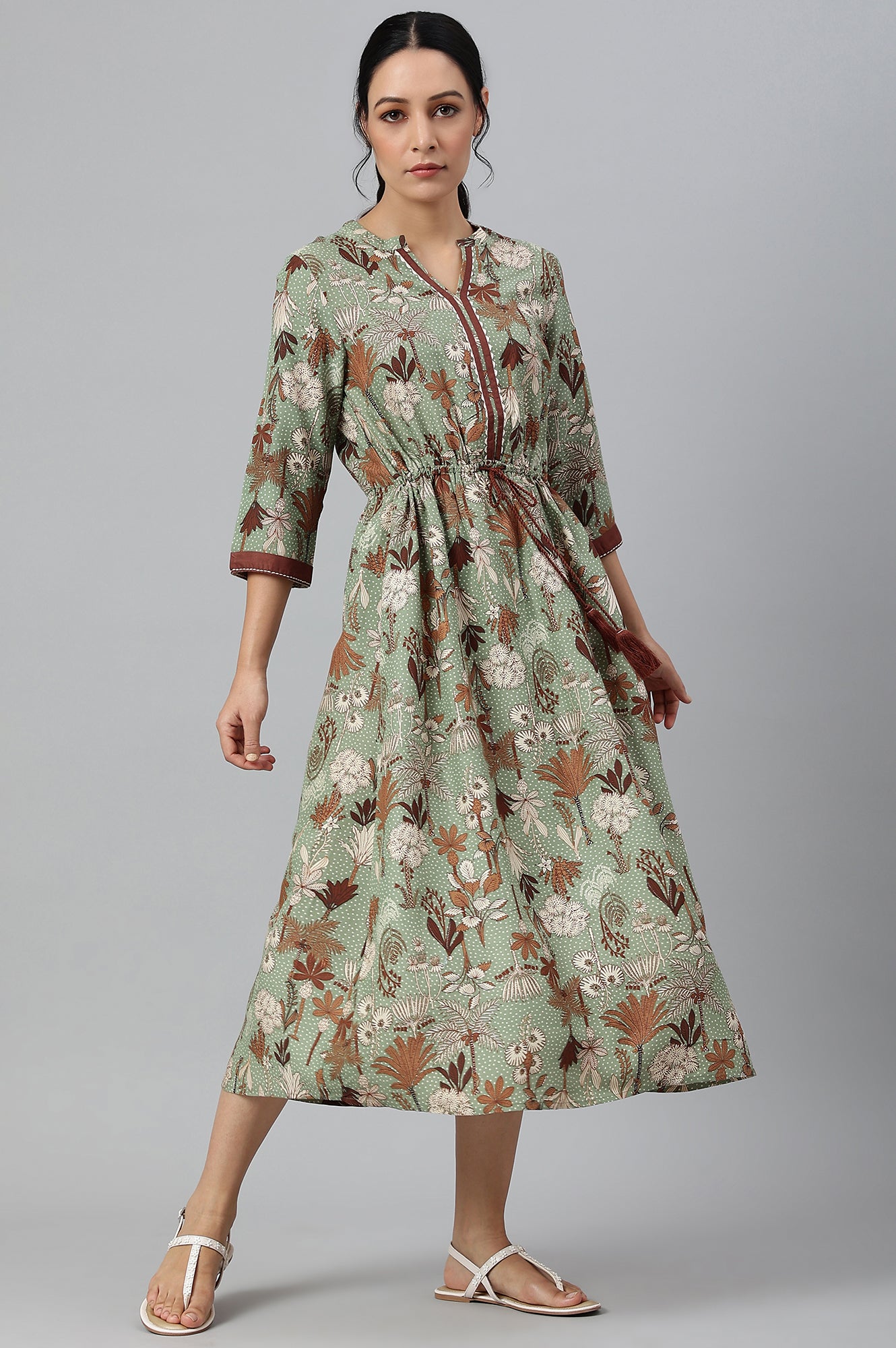 Green Printed Gathered Western Dress