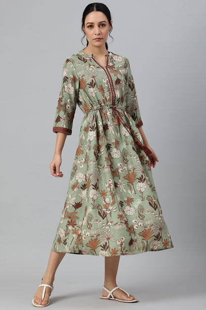 Green Printed Gathered Western Dress