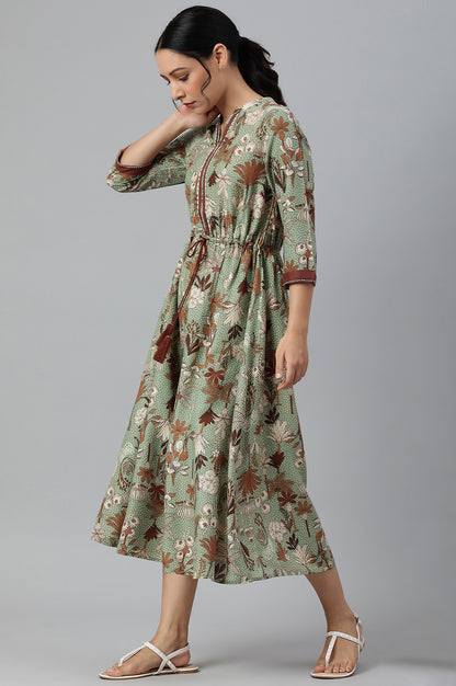 Green Printed Gathered Western Dress