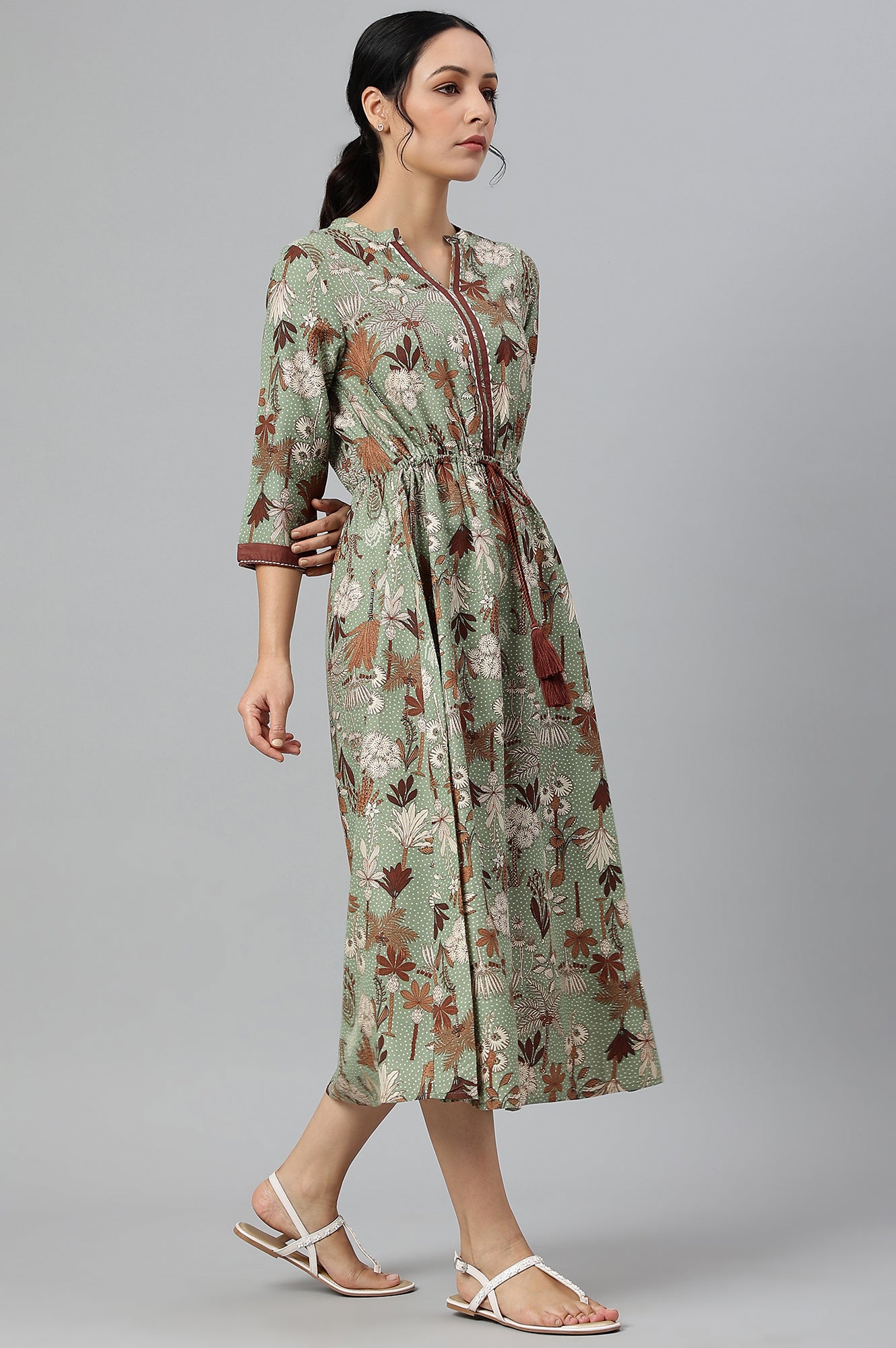 Green Printed Gathered Western Dress