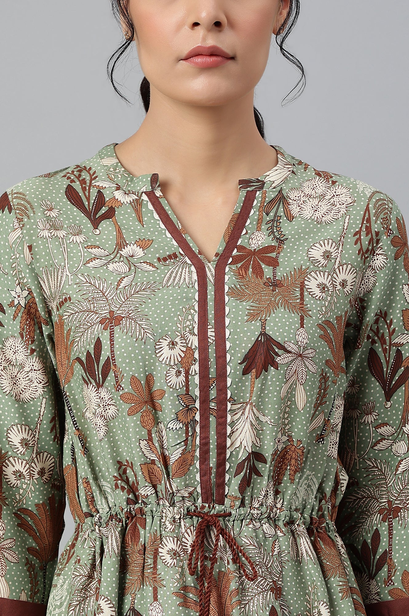 Green Printed Gathered Western Dress