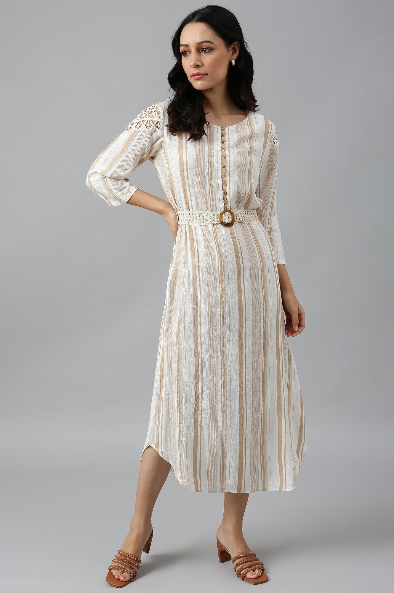 Ecru And Brown Stripe Print Dress With Crochet Belt - wforwoman