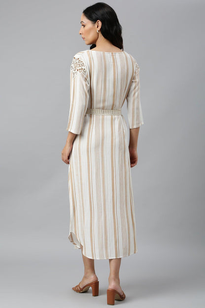 Ecru And Brown Stripe Print Dress With Crochet Belt - wforwoman