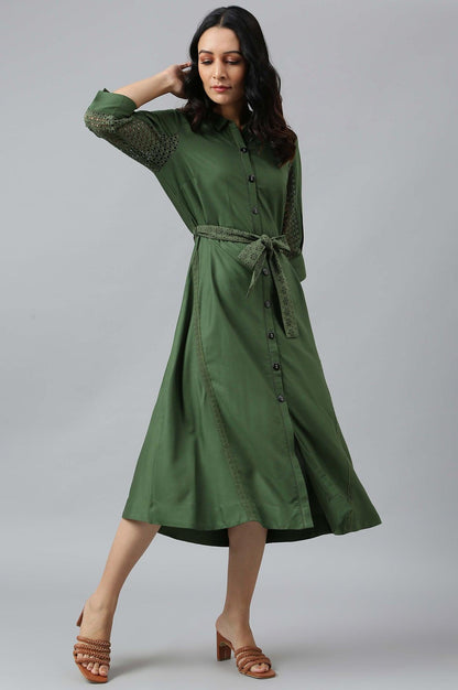 Green A-Line Embroidered Shirt Dress With Schiffli Belt - wforwoman