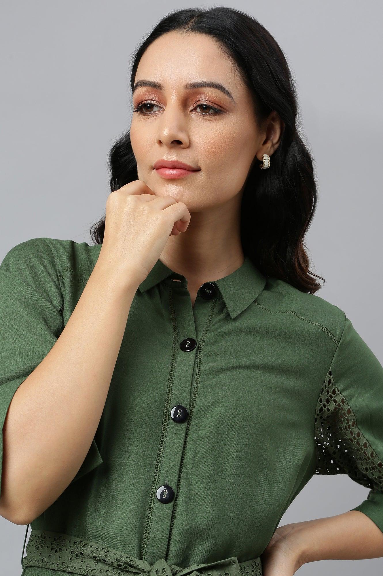 Green A-Line Embroidered Shirt Dress With Schiffli Belt - wforwoman
