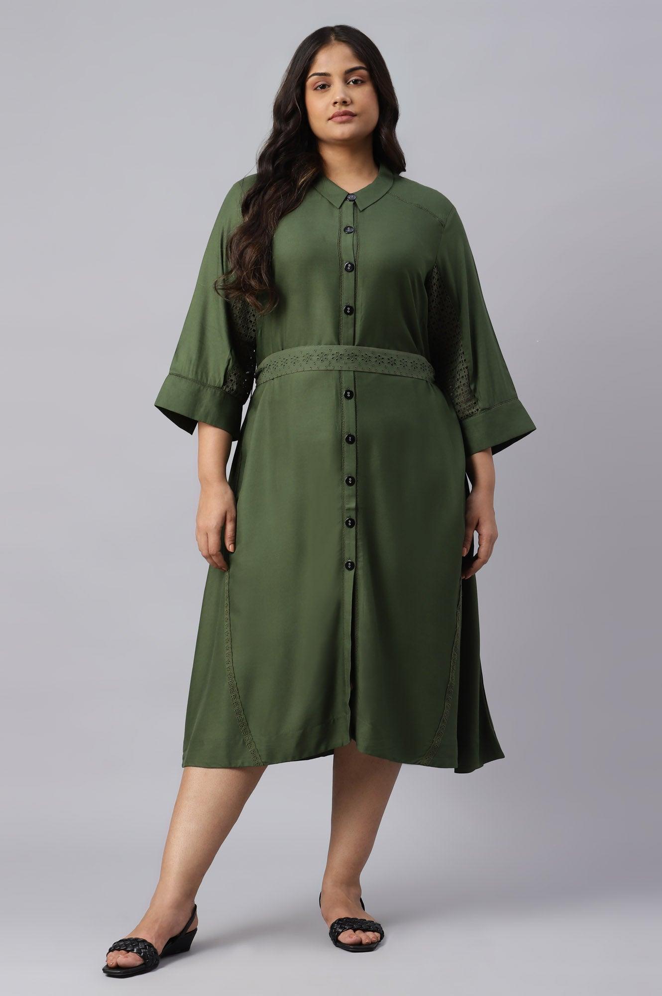 Plus Size Green A-Line Embroidered Shirt Dress With Schiffli Belt - wforwoman