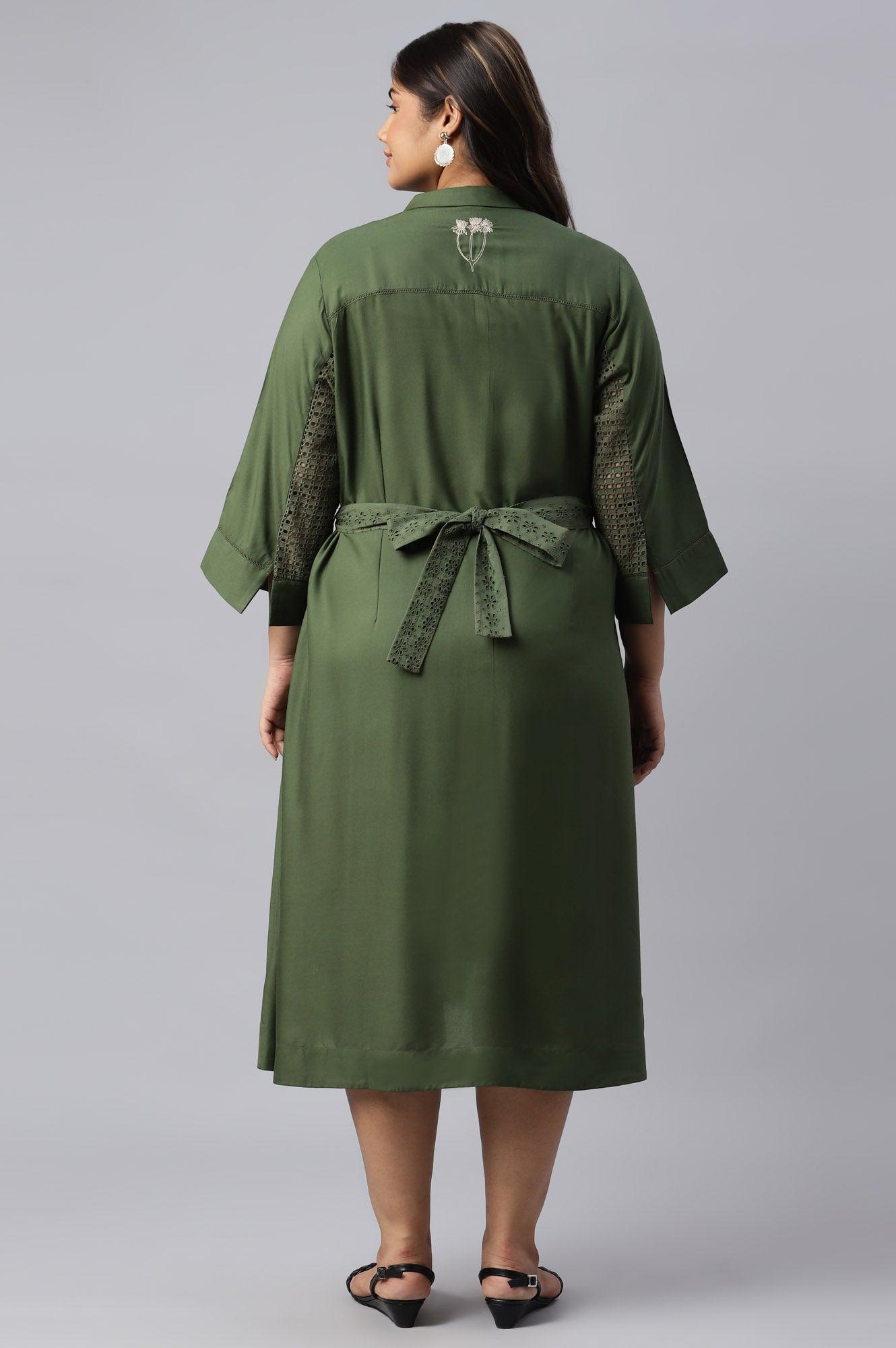 Plus Size Green A-Line Embroidered Shirt Dress With Schiffli Belt - wforwoman