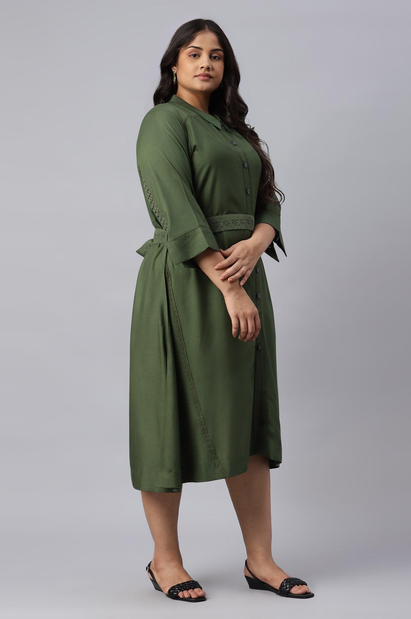 Plus Size Green A-Line Embroidered Shirt Dress With Schiffli Belt - wforwoman