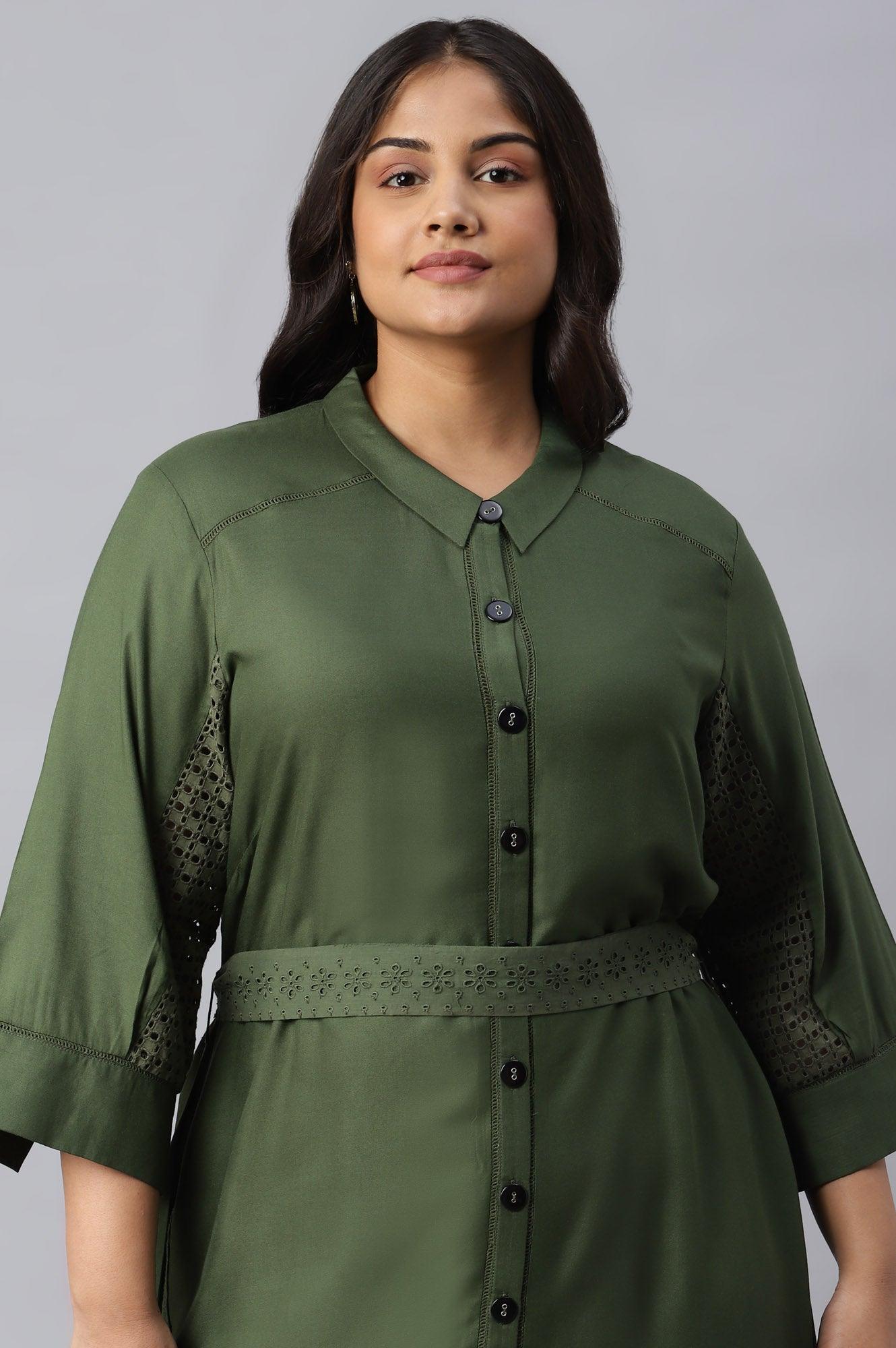 Plus Size Green A-Line Embroidered Shirt Dress With Schiffli Belt - wforwoman