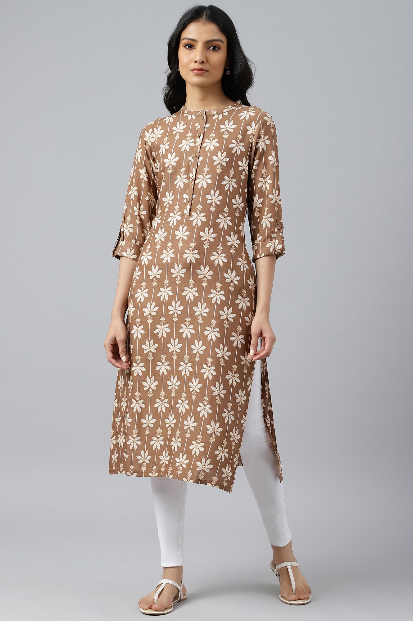 Brown Printed Button Down Kurta