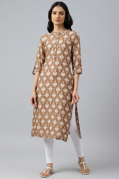 Brown Printed Button Down Kurta