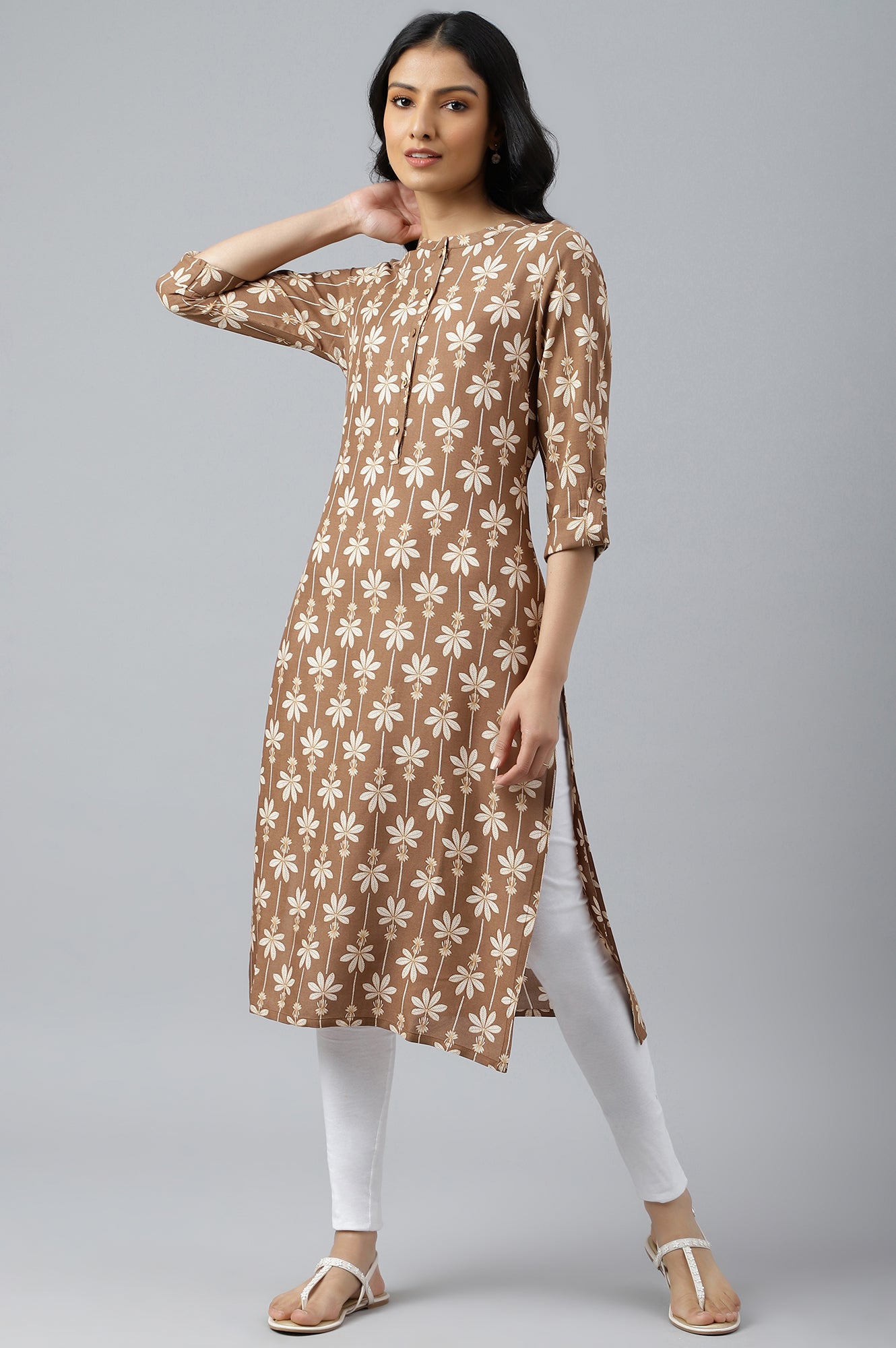 Brown Printed Button Down Kurta