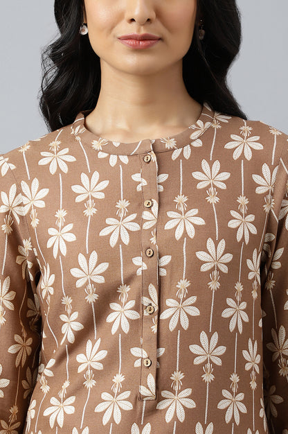 Brown Printed Button Down Kurta