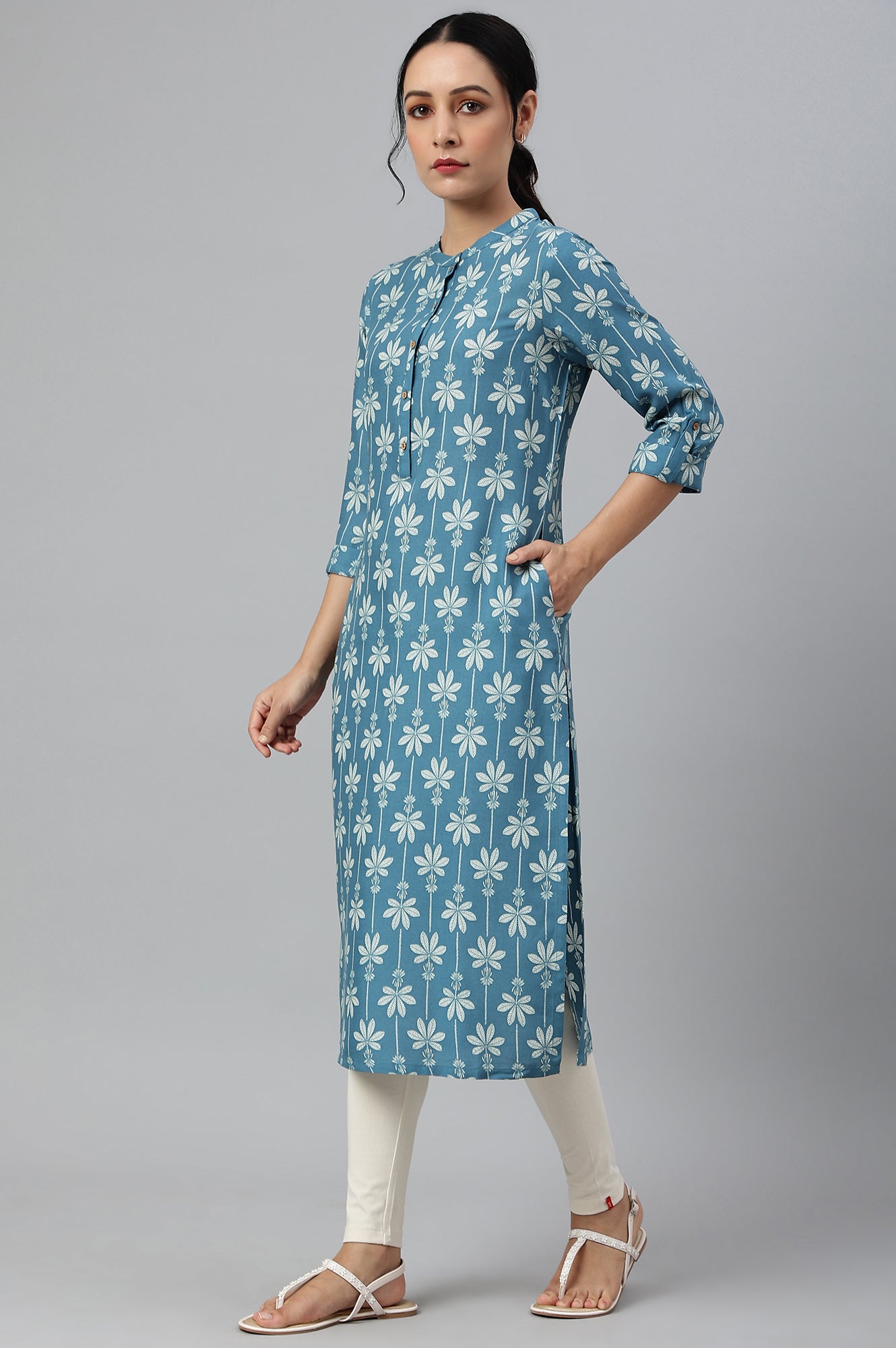 Blue Rayon Button Down Kurta