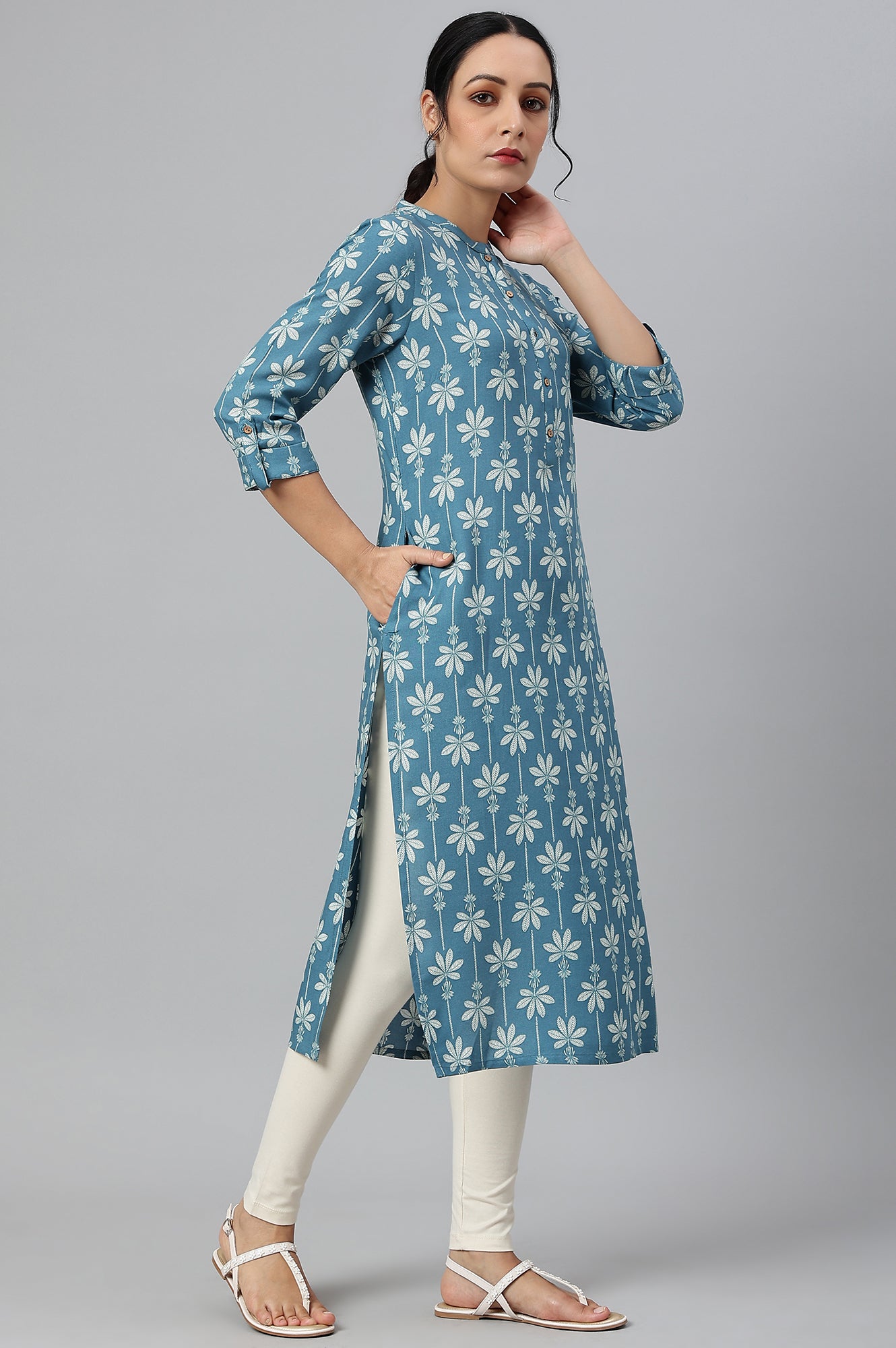 Blue Rayon Button Down Kurta