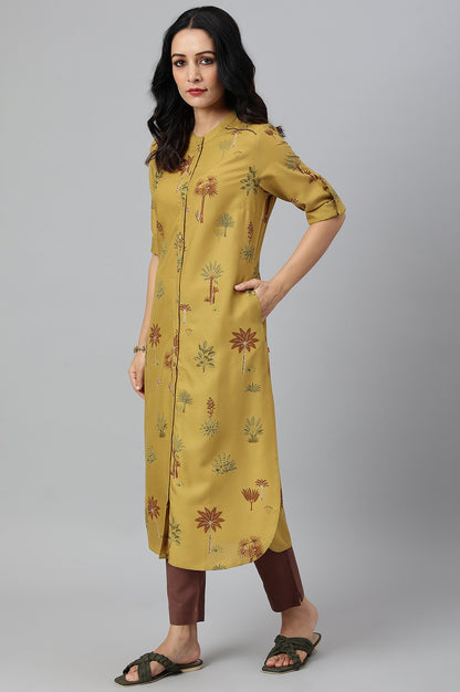 Mustard Rayon Printed Button Down Kurta - wforwoman