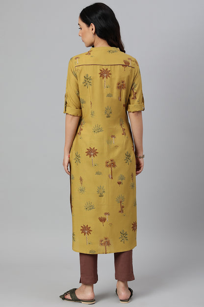 Mustard Rayon Printed Button Down Kurta - wforwoman