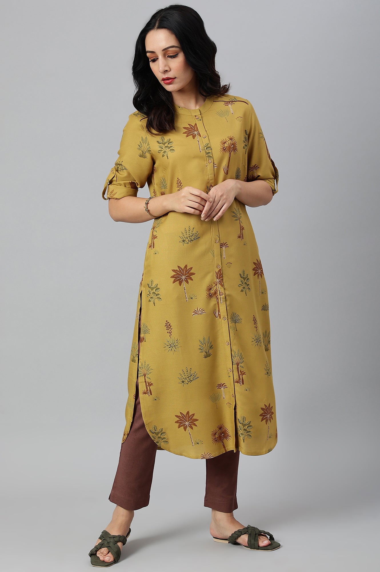 Mustard Rayon Printed Button Down Kurta - wforwoman