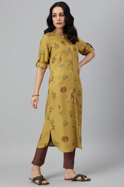 Mustard Rayon Printed Button Down Kurta - wforwoman