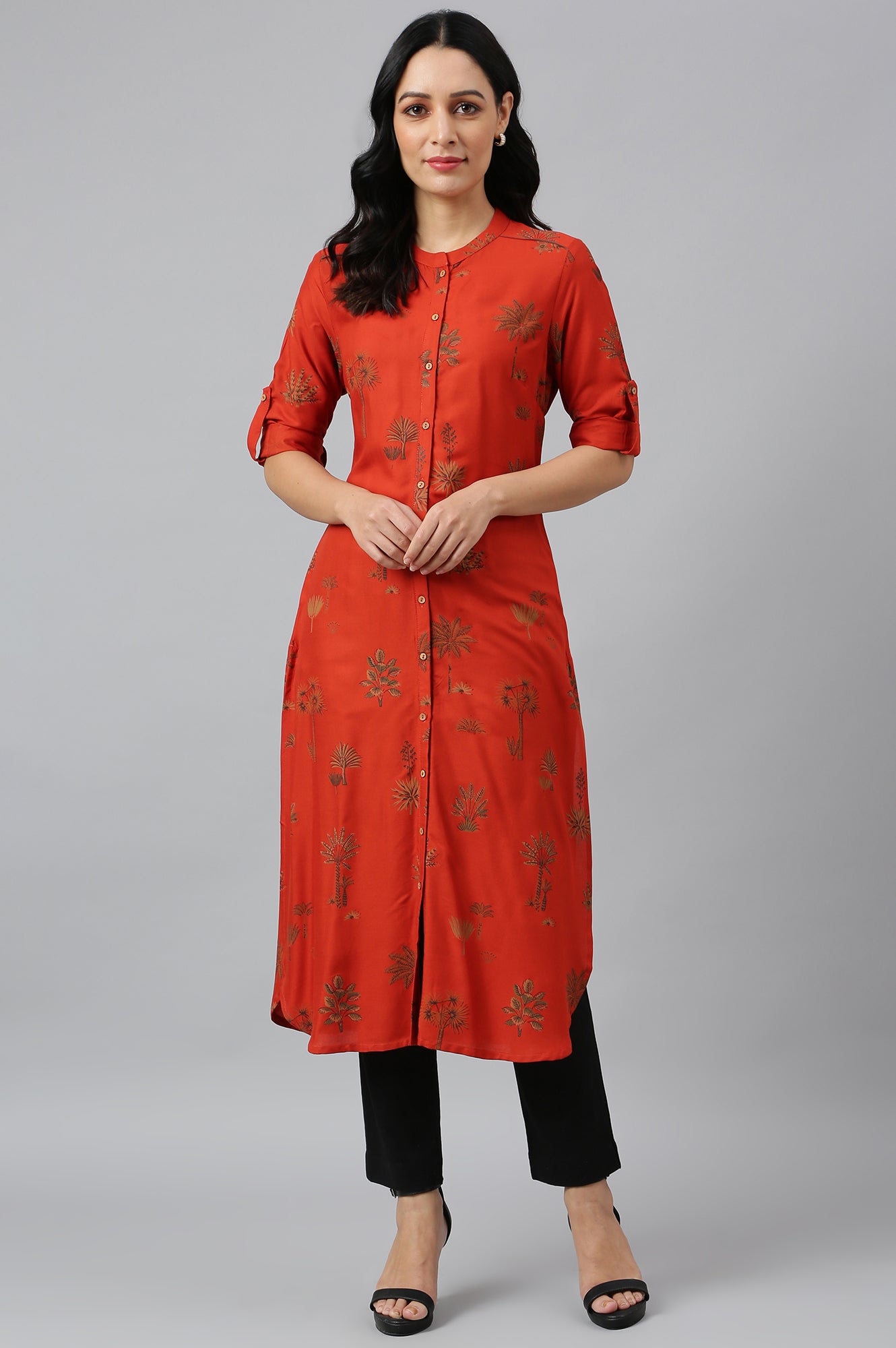 Rust Red Printed Button Down Kurta