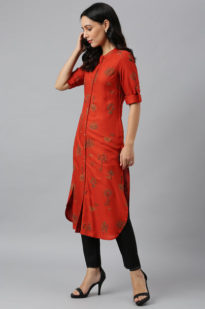 Rust Red Printed Button Down Kurta