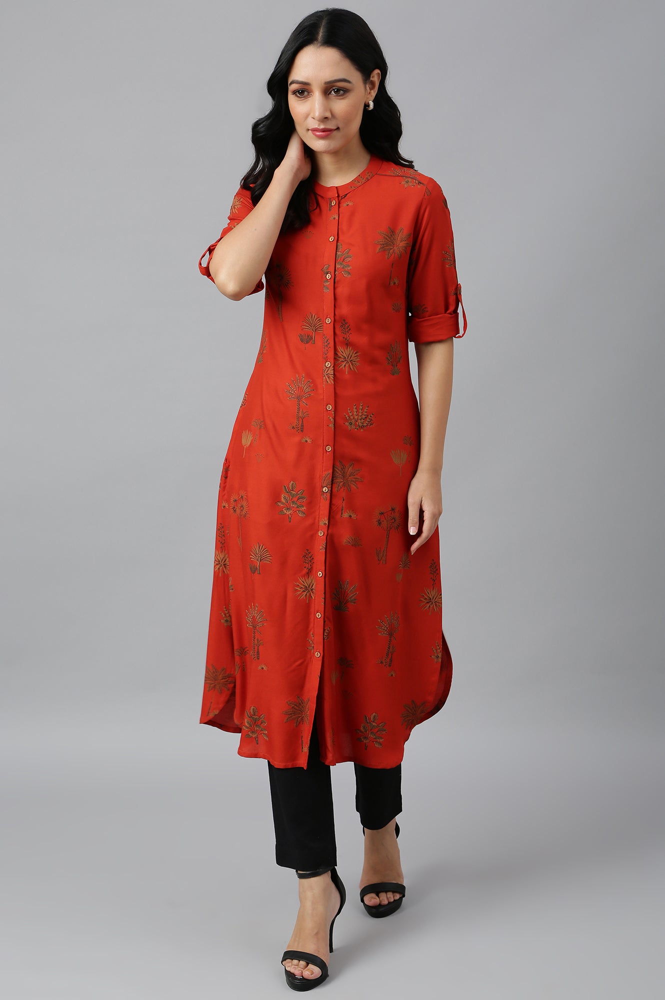 Rust Red Printed Button Down Kurta