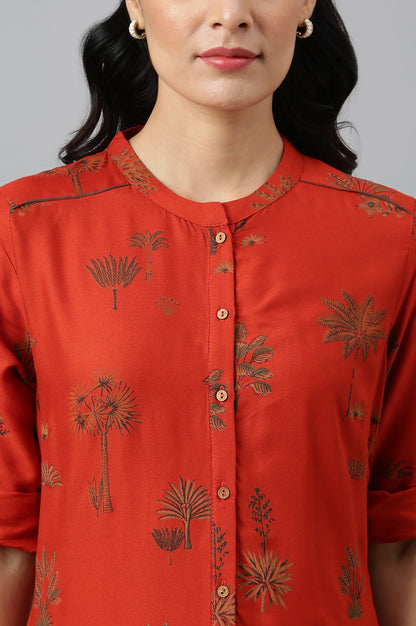 Rust Red Printed Button Down Kurta