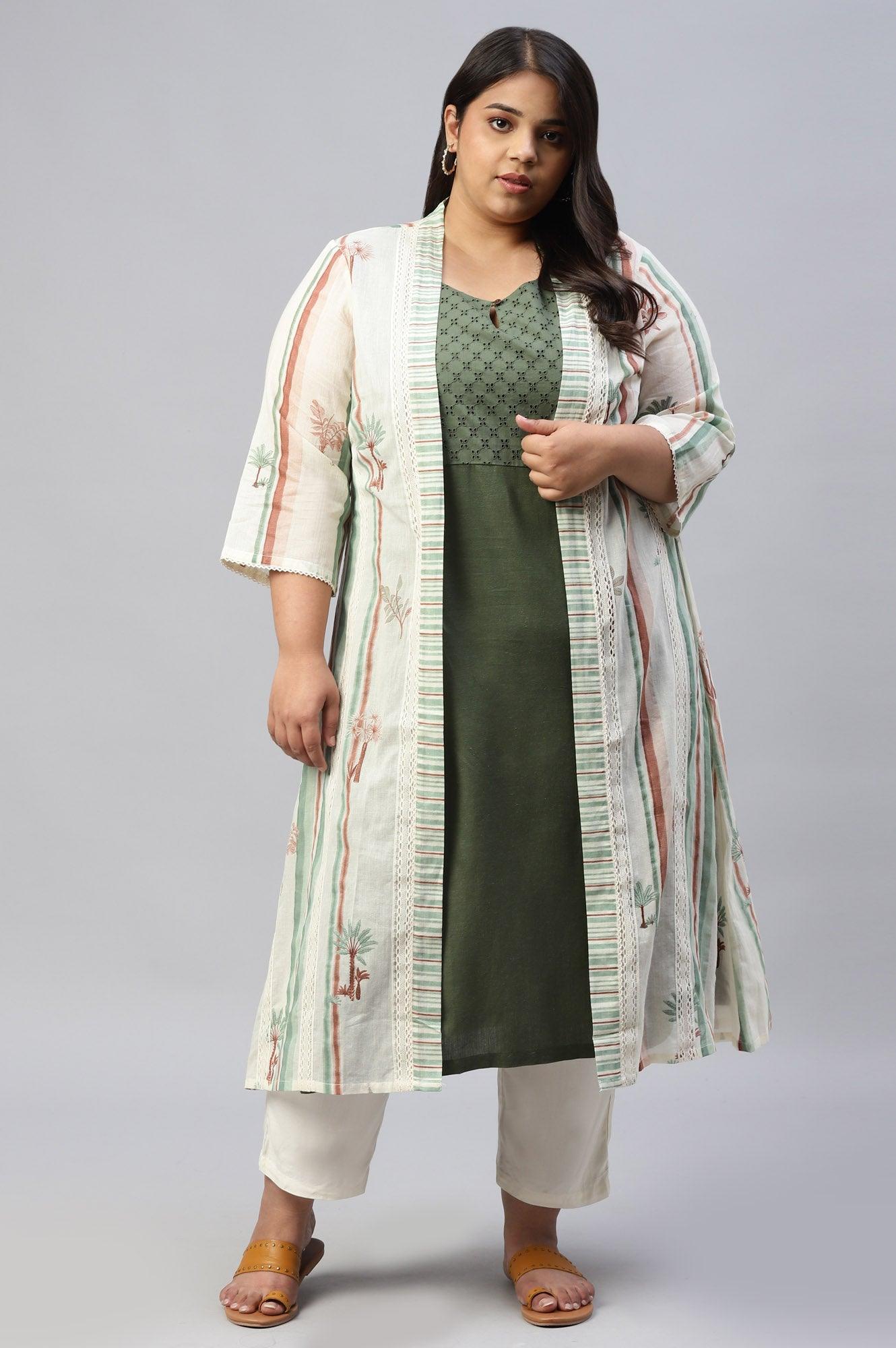 Green Plus Size Schiffli kurta With Printed Jacket - wforwoman