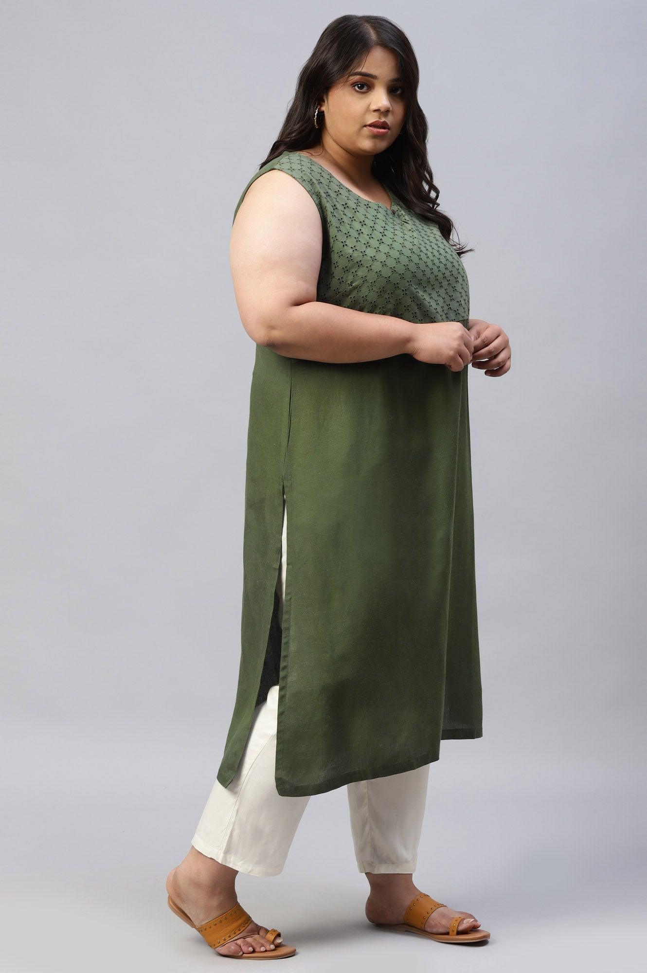 Green Plus Size Schiffli kurta With Printed Jacket - wforwoman
