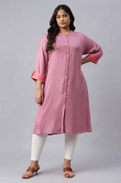 Dark Pink Flared Plus Size kurta In Mandarin Collar - wforwoman