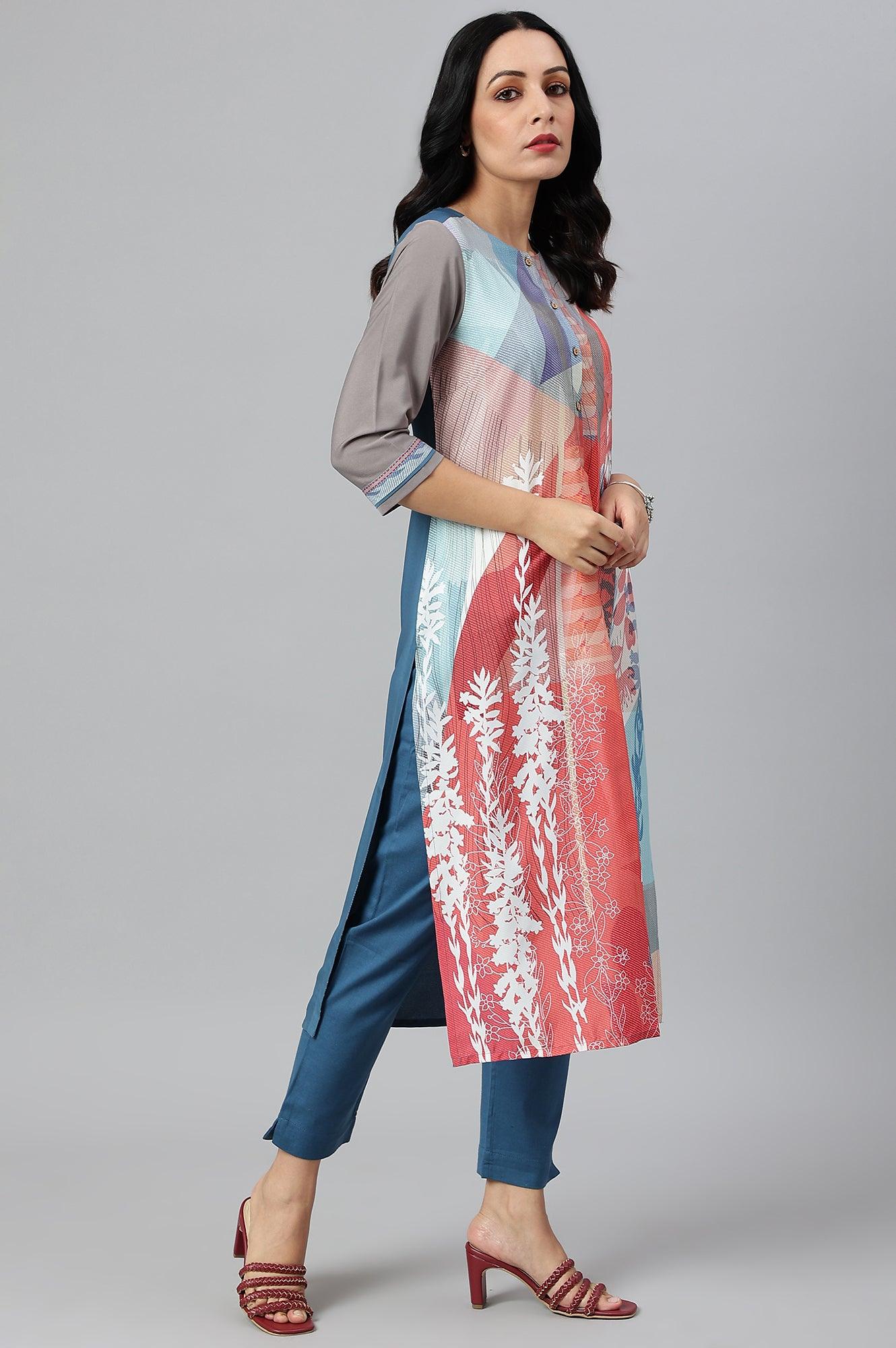 Multicoloured Panelled kurta With Grey Sleeves - wforwoman