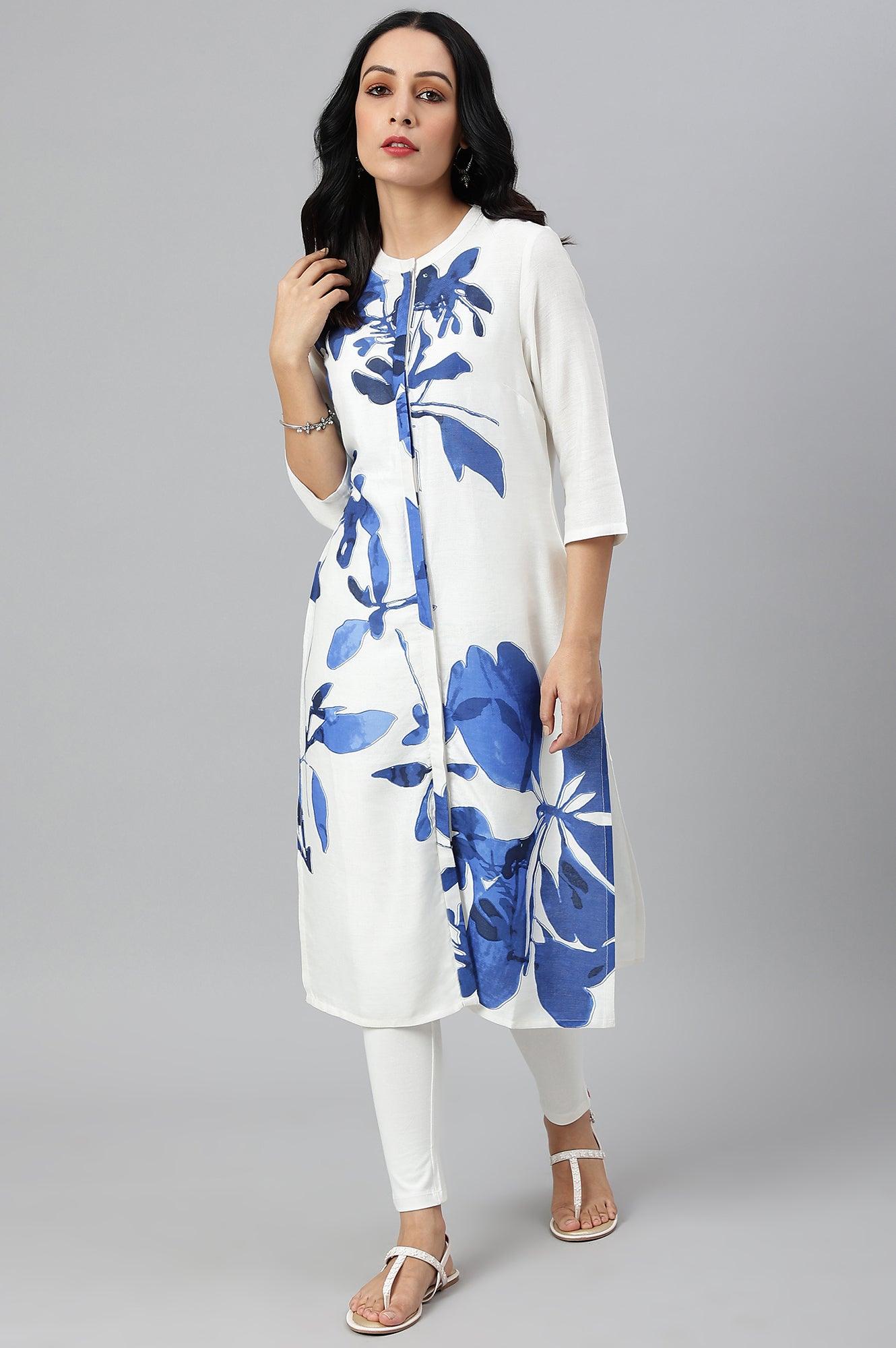 Ecru Placement kurta With Blue Floral Print - wforwoman