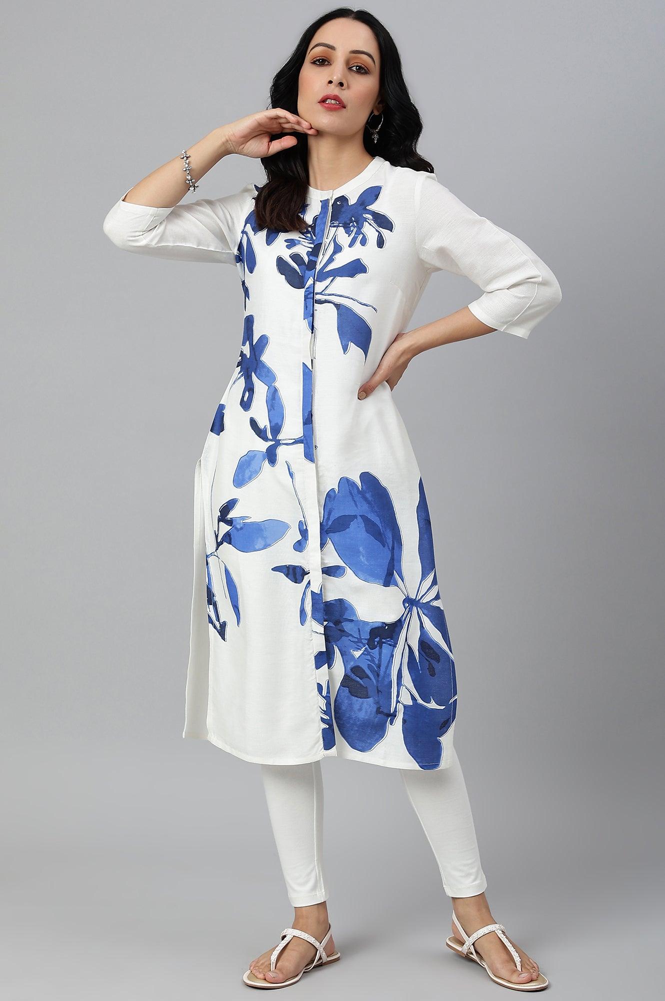 Ecru Placement kurta With Blue Floral Print - wforwoman