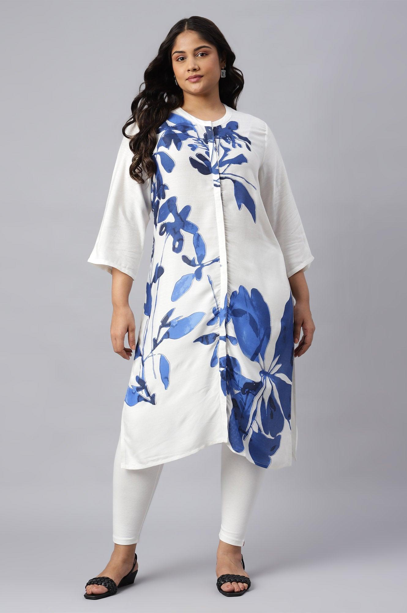 Ecru Placement Plus Size kurta With Blue Floral Print - wforwoman