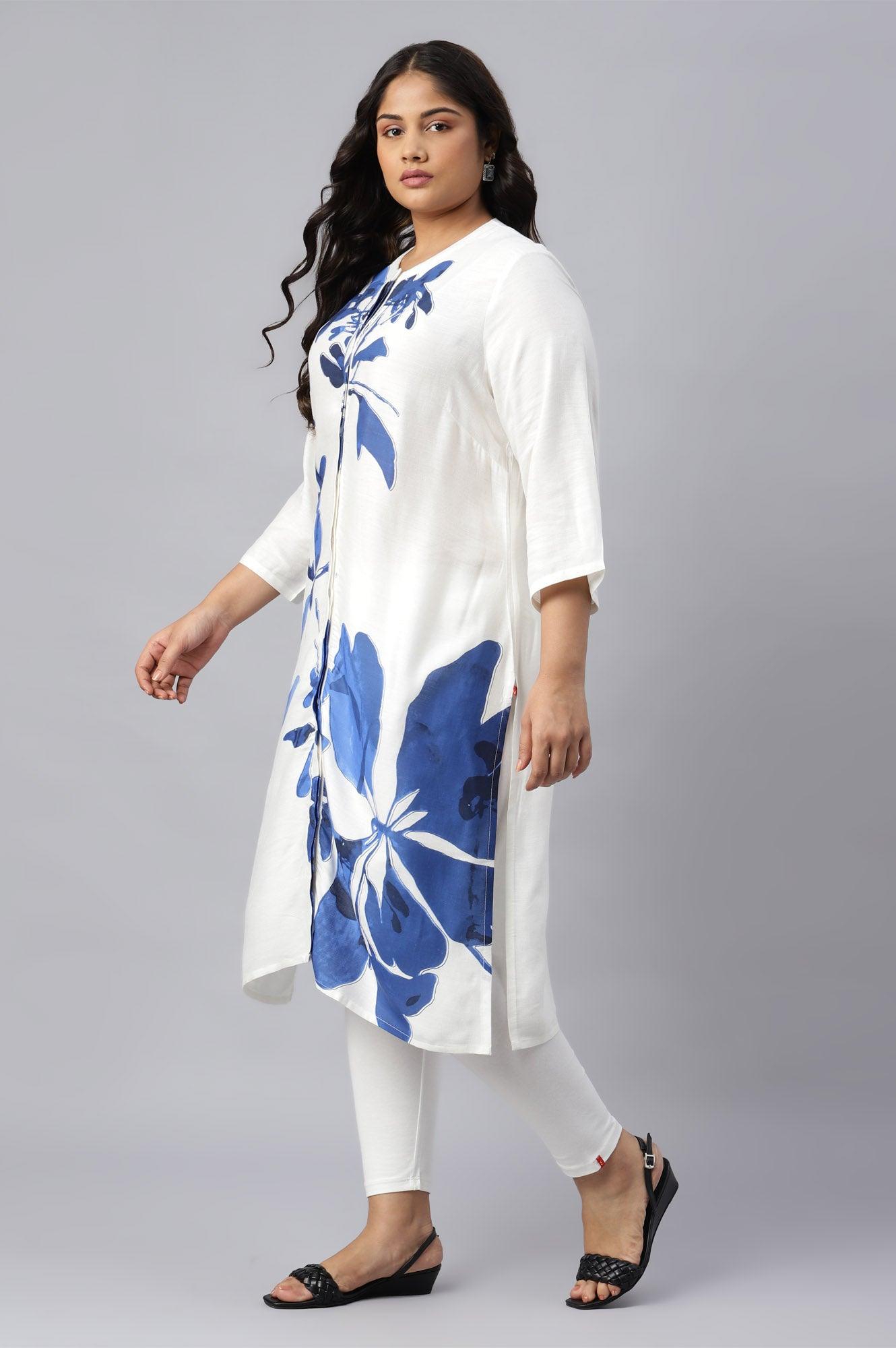 Ecru Placement Plus Size kurta With Blue Floral Print - wforwoman