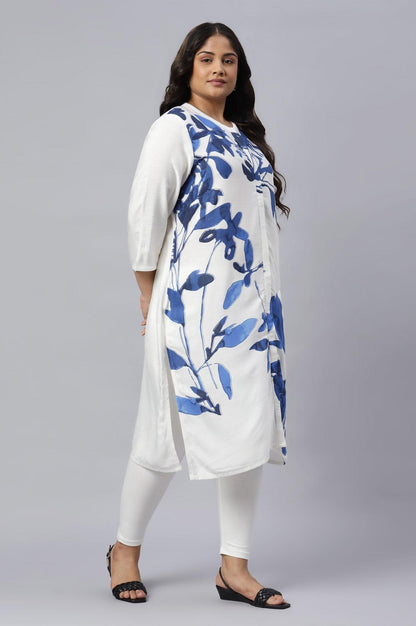 Ecru Placement Plus Size kurta With Blue Floral Print - wforwoman