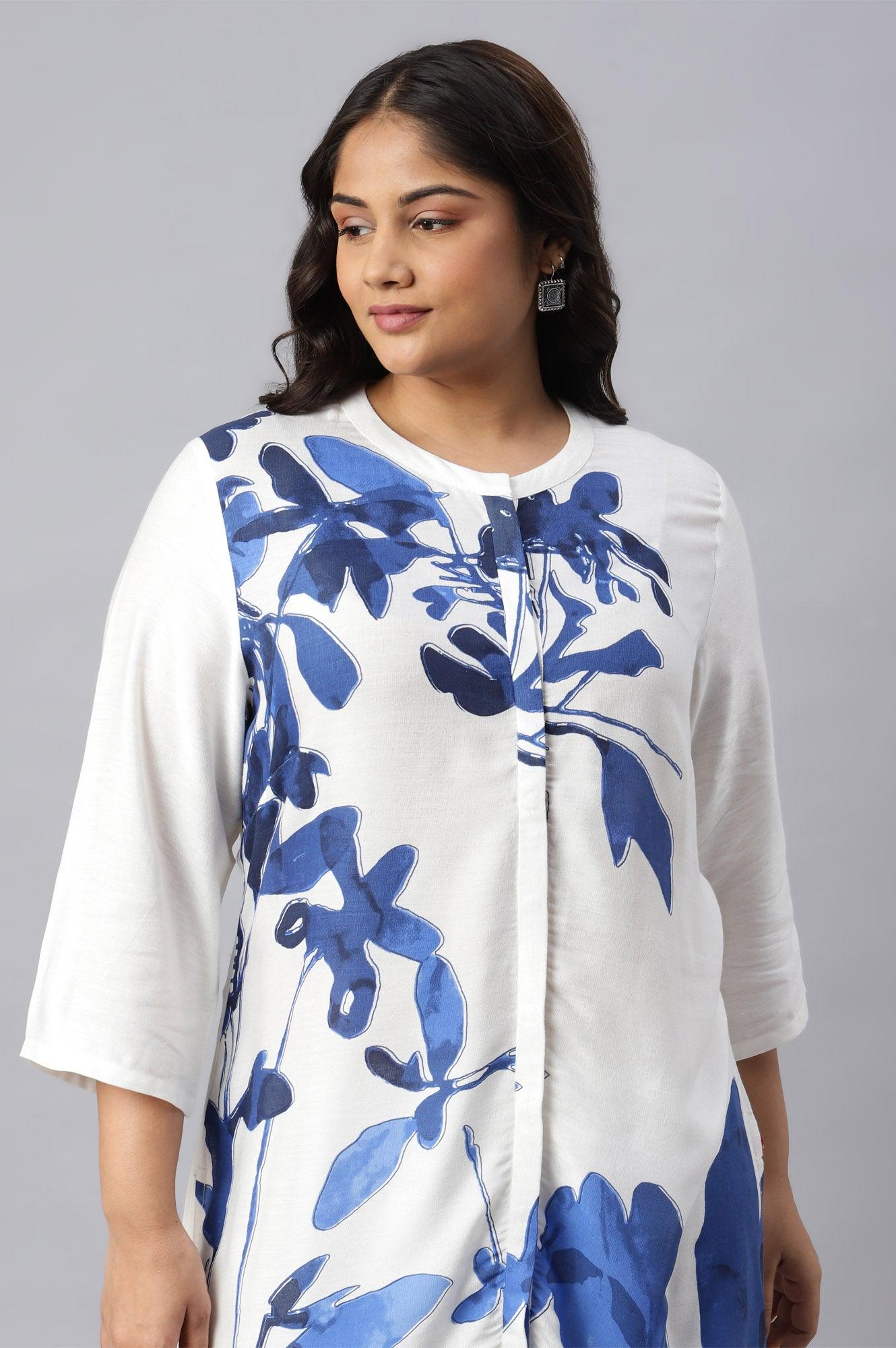 Ecru Placement Plus Size kurta With Blue Floral Print - wforwoman