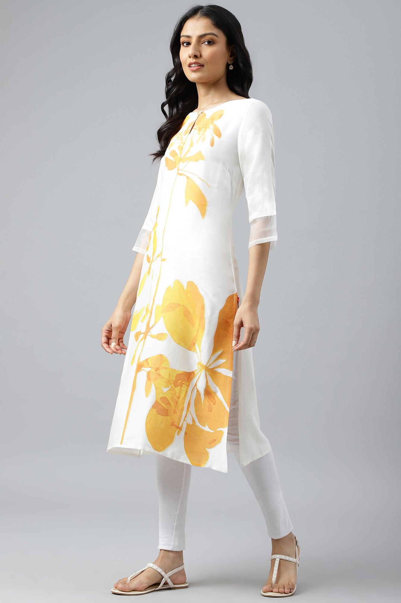 Ecru Placement kurta With Yellow Floral Print - wforwoman