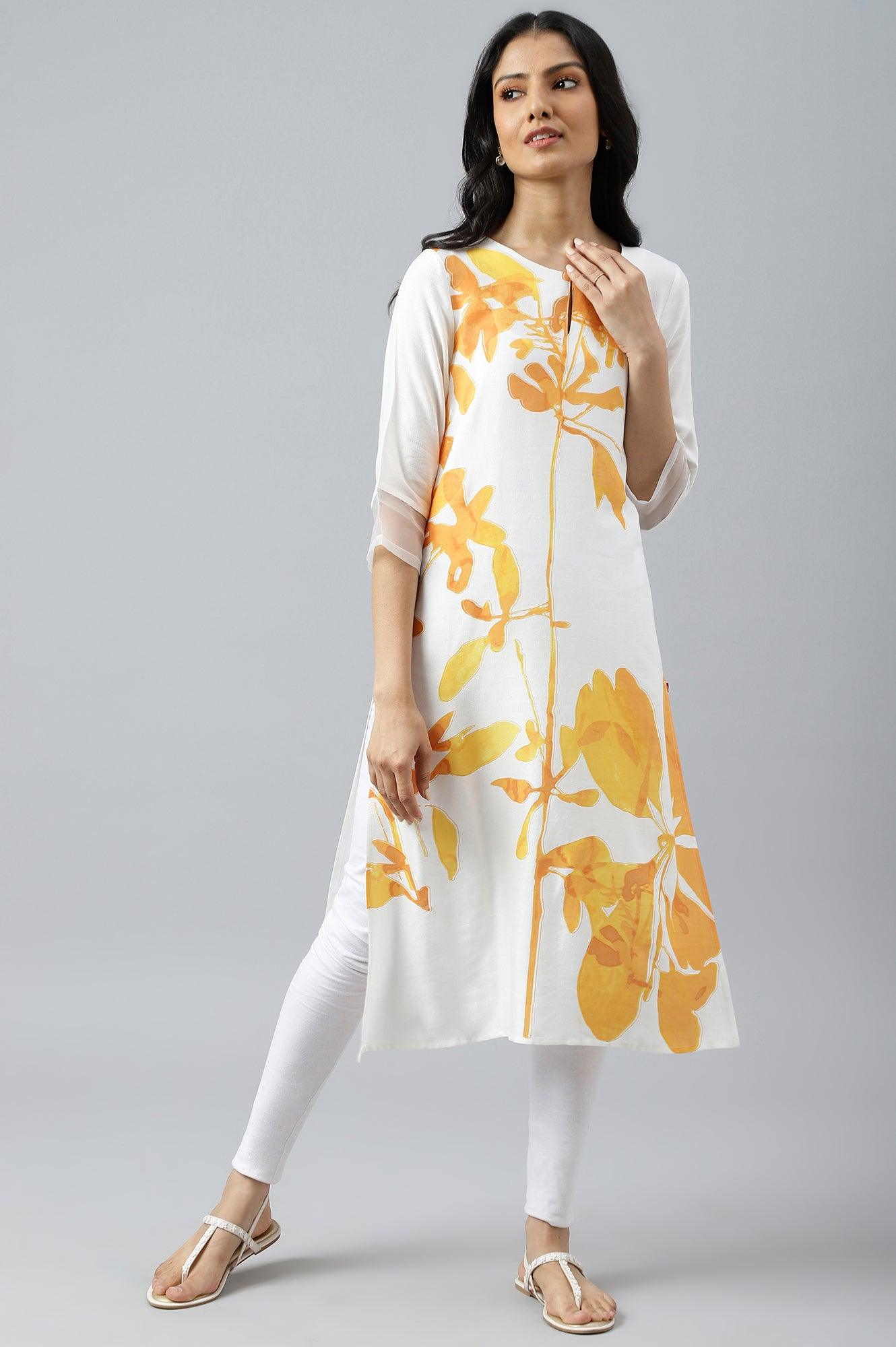 Ecru Placement kurta With Yellow Floral Print - wforwoman