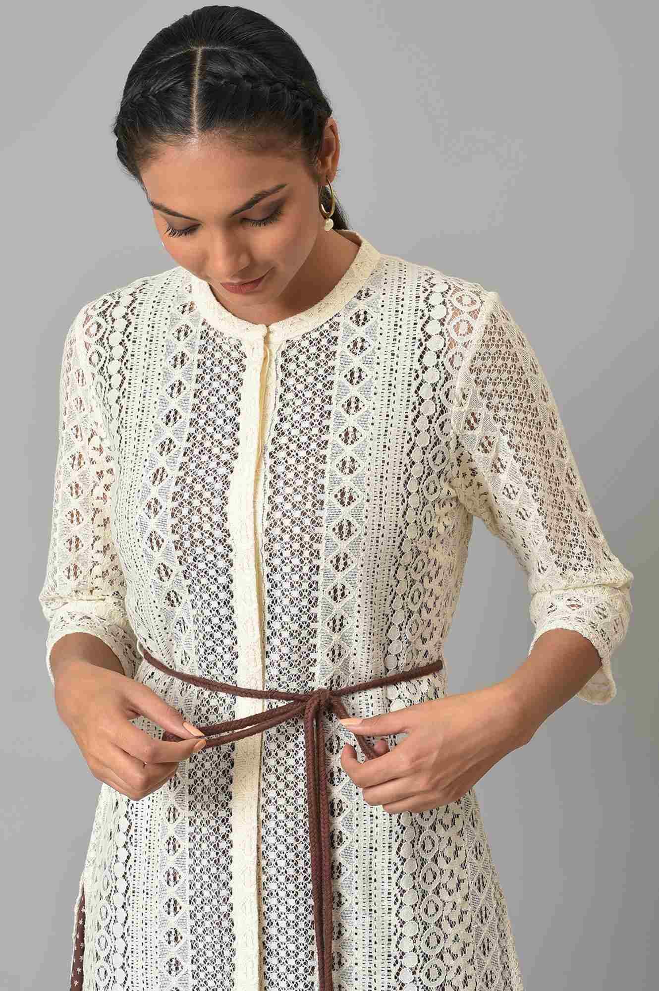 Ecru Crochet Jacket With A-Line Brown kurta - wforwoman