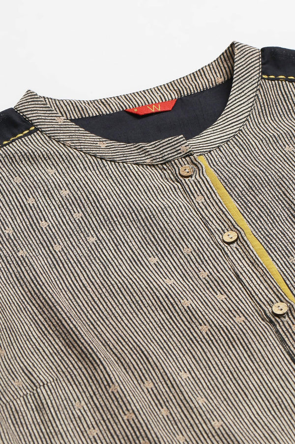 Biege And Black Panelled kurta With Mustard Stich Line