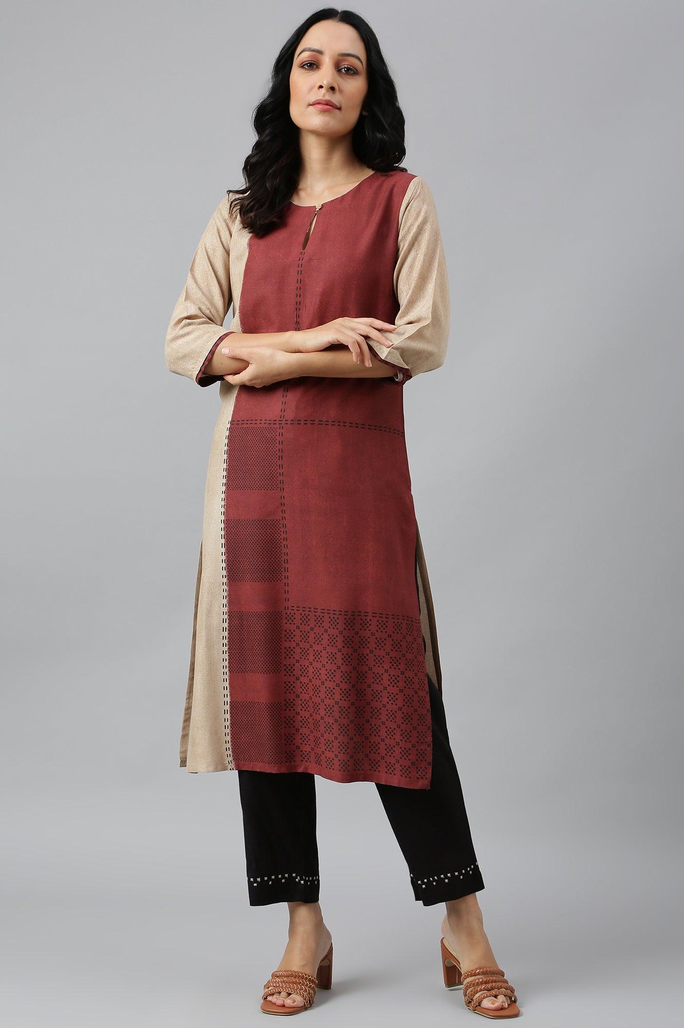 Red And Ecru Placement Print kurta In Round Neck - wforwoman