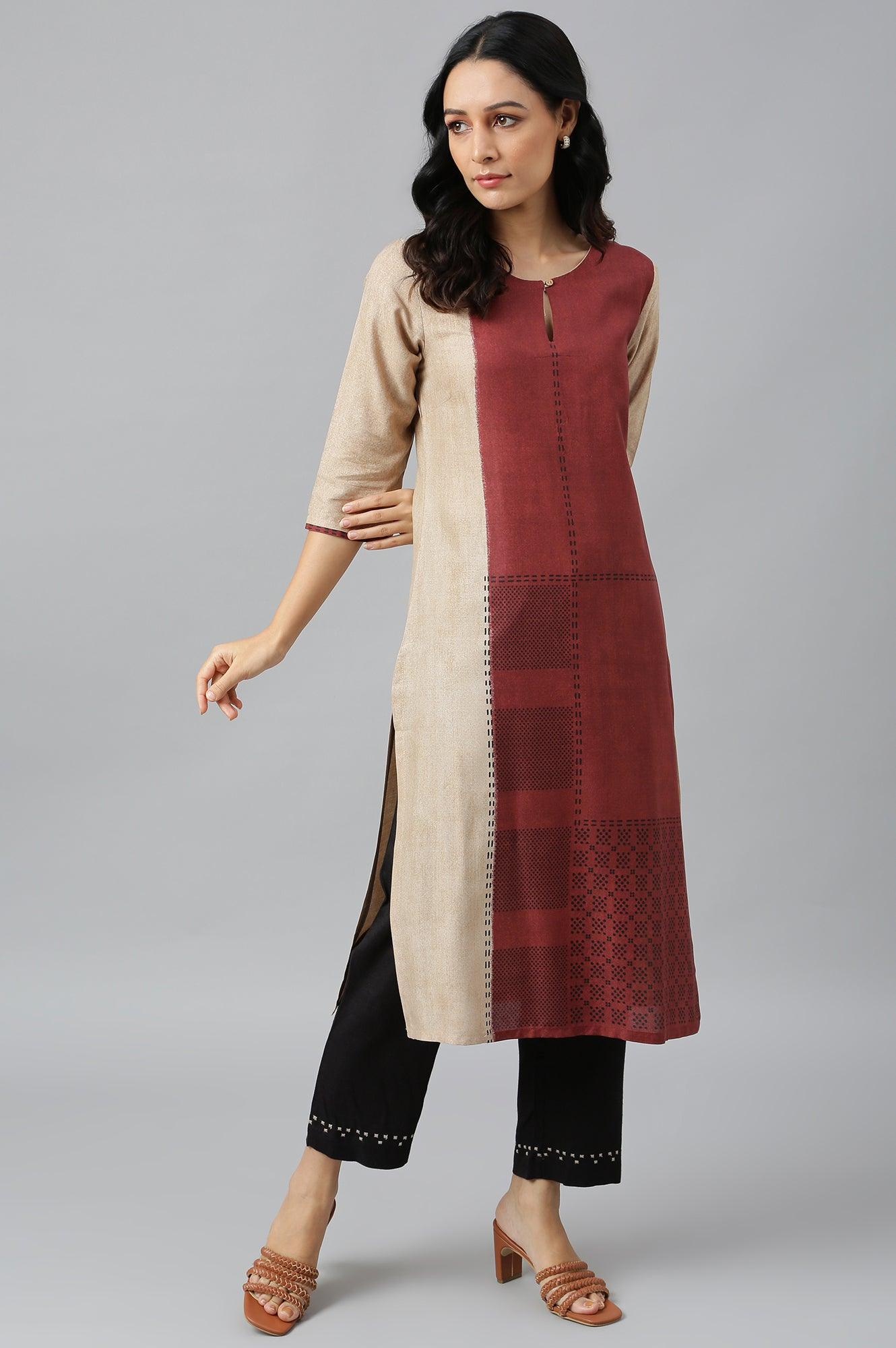 Red And Ecru Placement Print kurta In Round Neck - wforwoman