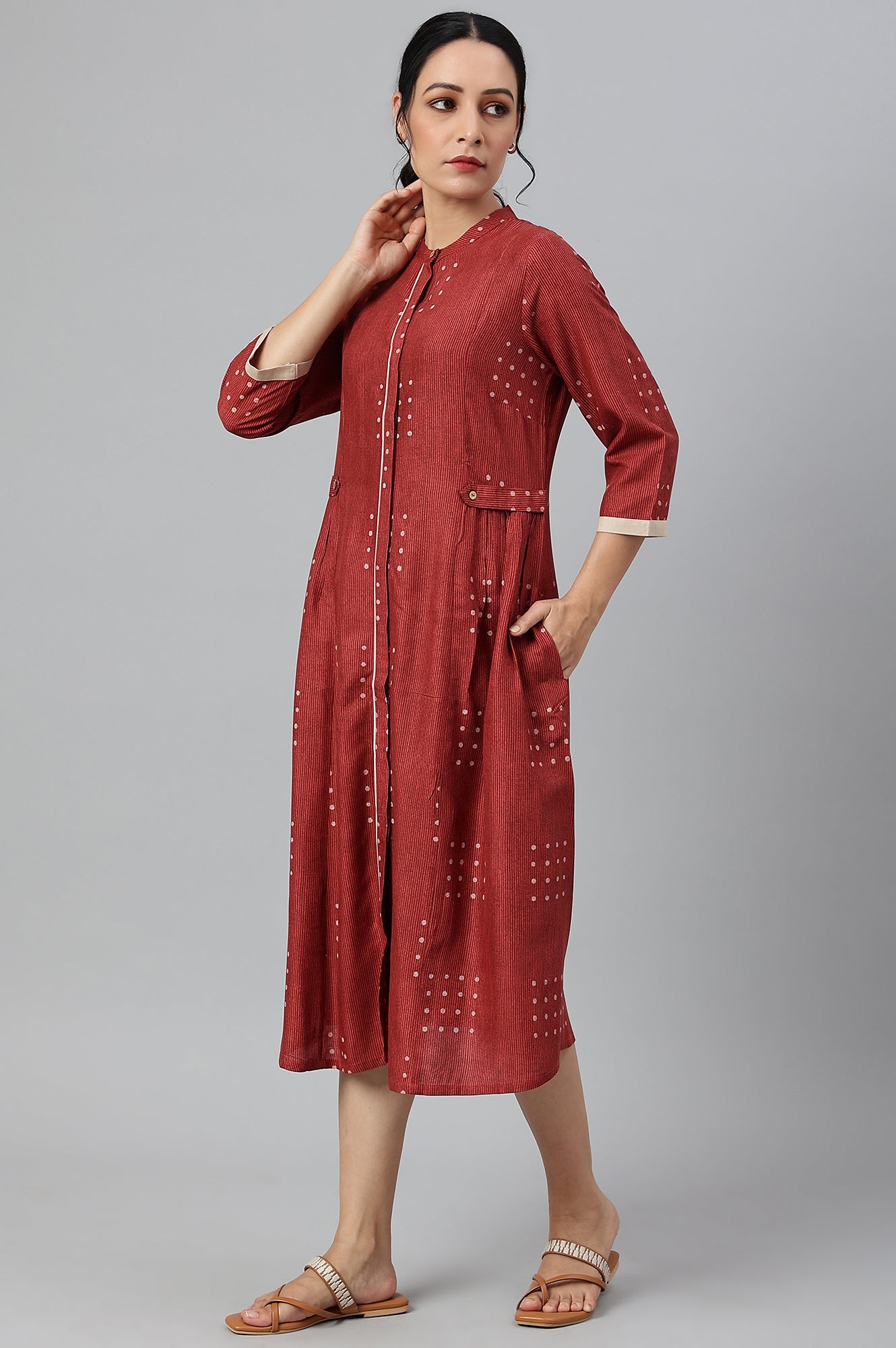 Red Full Placket Shirt-Dress kurta In Rayon Fabric