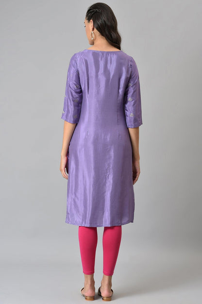 Purple Glitter Print kurta With Embroidery - wforwoman